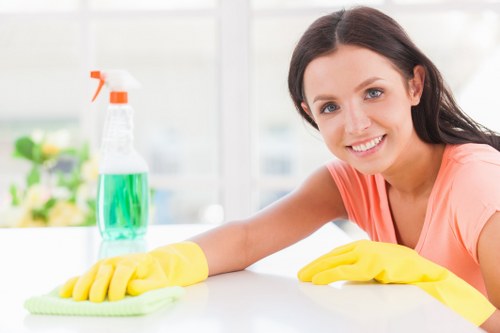 Professional commercial cleaning in an office lobby